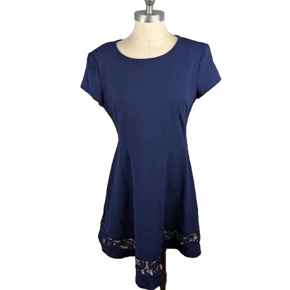 B Darlin Juniors Lace-Trim Fit & Flare Dress Navy Blue Size 13/14 Floral Cut Out - Picture 1 of 4
